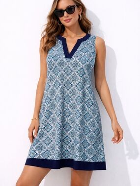 Agua e Sol Blue Printed Sleeveless Dress Size XL Stretch Polyester Spandex